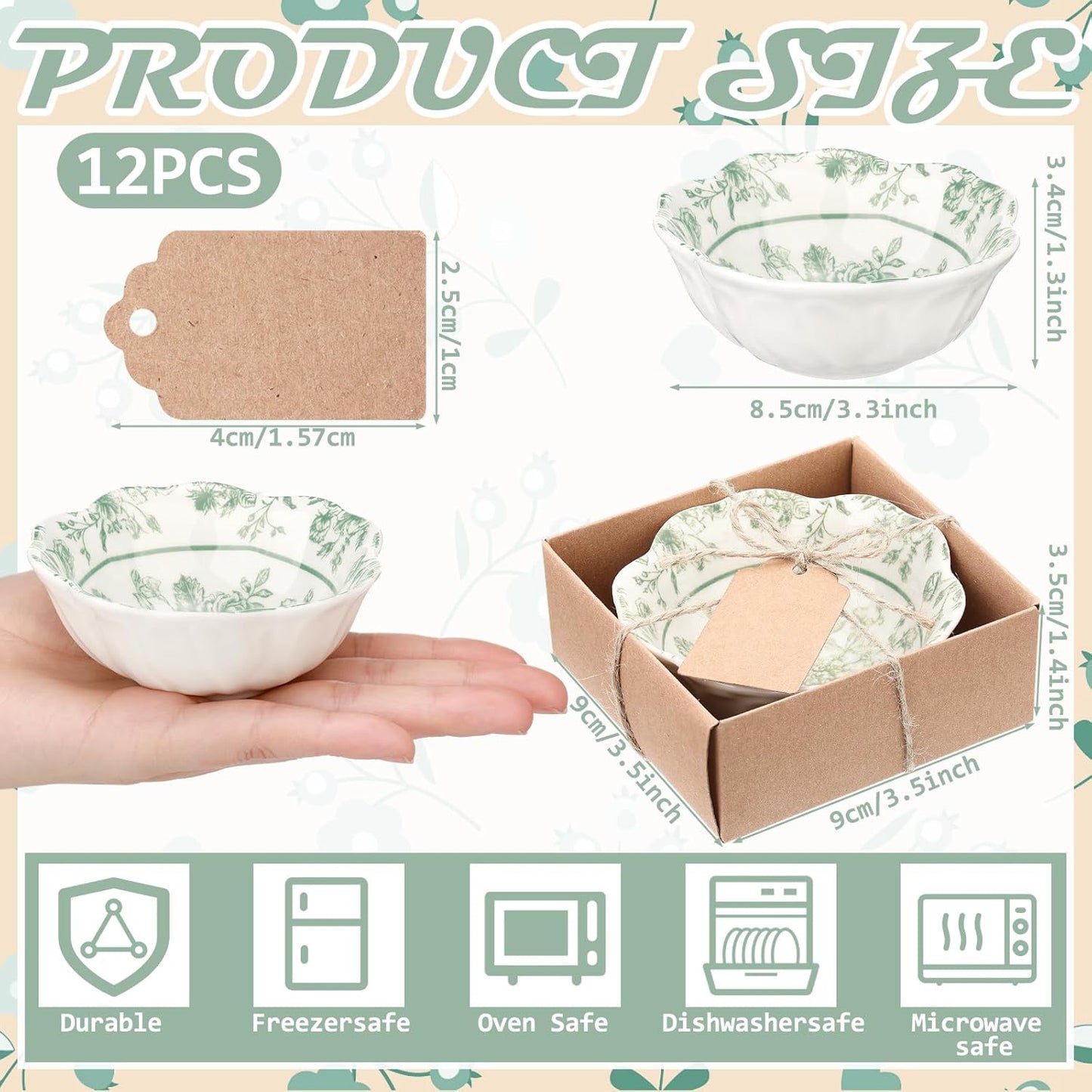 12 Pcs Wedding Favors for Guests Small Ceramic Bowl Bulk Gifts Set 3.3 Inch Floral Design Mini Dipping Bowl Sauce Dish with Cards Box for Bridal Baby Shower Birthday Guest Gift (Sage Green)