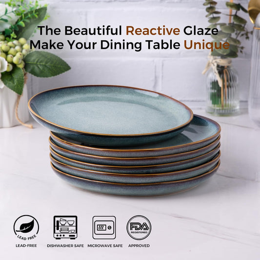 AmorArc Ceramic Dinner Plates Set of 6, 10.5 Inch Handmade Reactive Glaze Stoneware Plates, Rustic Shape Dinnerware Dish Set for Kitchen, Microwave & Dishwasher Safe, Scratch Resistant