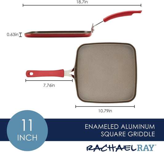 Rachael Ray Cook + Create Nonstick Stovetop Griddle/Grill Pan, Square, 11 Inch, Red