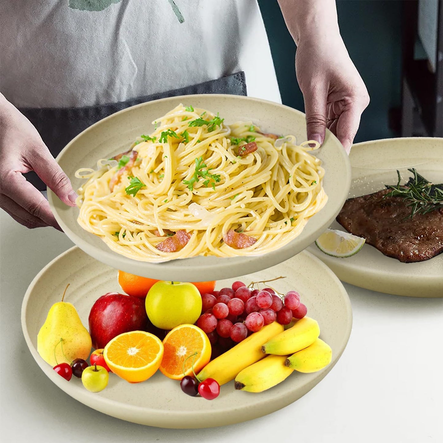 Wheat Straw Dinner Plates Set of 8, 10 Inch Beige, Lightweight & Unbreakable, Microwave & Dishwasher Safe Kids Plates