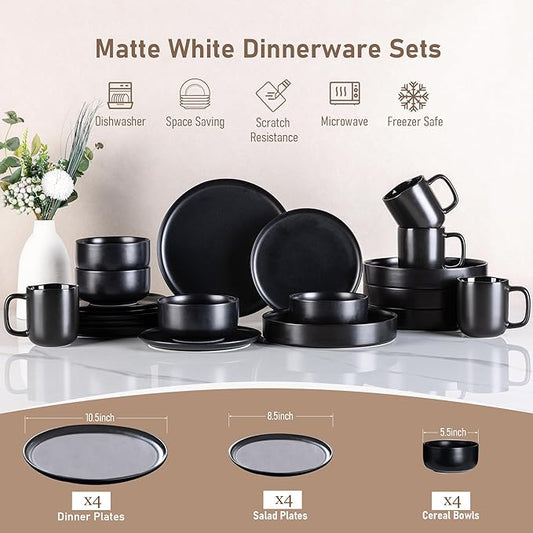 LERATIO Stoneware Dinnerware Sets for 4,Handcarft Ceramic Plates and Bowls Sets,Chip and Scratch Resistant Dishes, Dishwasher & Microwave Safe, Oven safe,Reactive Glaz-Black