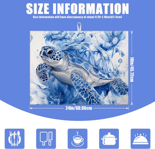 Watercolor Turtle Floral Dish Drying Mat for Kitchen Counter Drying Pad Absorbent Reversible Dish Drainer Rack Mats Draining Pad 18"x24"Inch