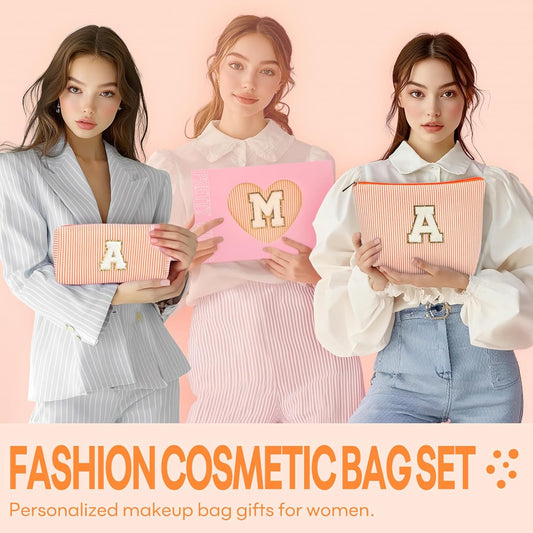 2 PCS Initial Makeup Bags for Women: Cosmetic Bag for Travel Toiletry - Birthday Gifts for 11 12 13 14 15 16 17 18 Years Old Girl Graduation Teacher Gift- Teen Girl Gifts Trendy Stuff - Orange A