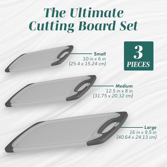 Cutting Boards for Kitchen - BPA-Free Chopping Board - Different Sizes & Non Slip Handles - Reversible, Large Cutting Board Set - Unique Gifts for Cooks Who Have Everything - 3-Pack Gray/Gray