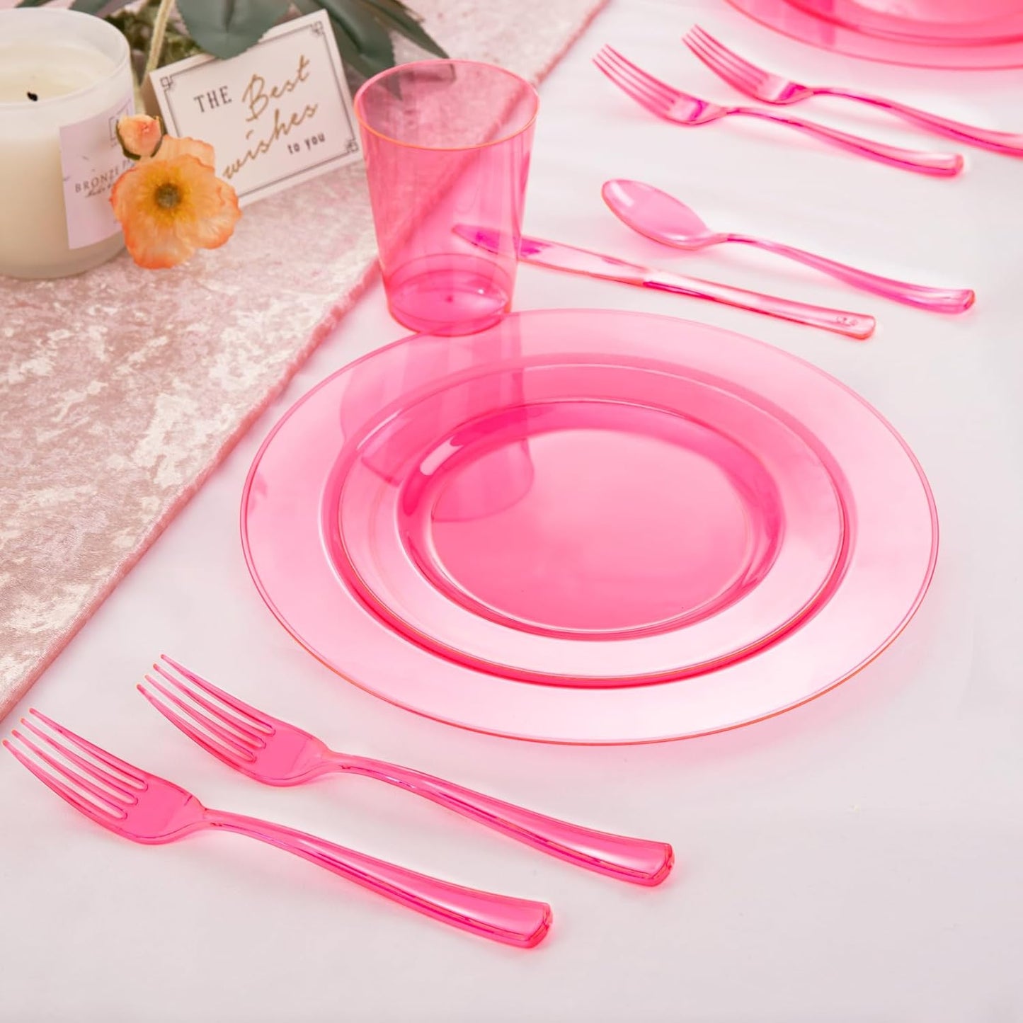 WDF 180 Pieces Pink Plastic Silverware Disposable - Clear Pink Cutlery Sets 60 Forks, 60 Knives and 60 Spoons - Heavy Duty Disposable Utensils for Wedding, Party