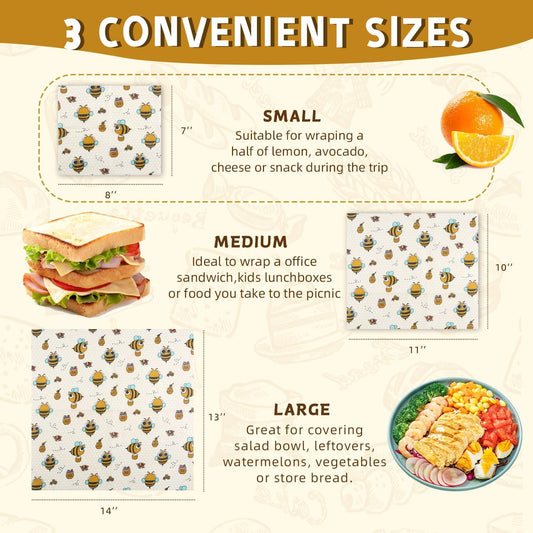 1 Large Beeswax Bread Bags for Homemade Bread Sourdough & 3 Beeswax Wraps, Easy to Clean Reusable Beeswax Breads Bags for Sourdough, 17 X 13 Inch Charming Honeybee Pattern Food Storage Bag