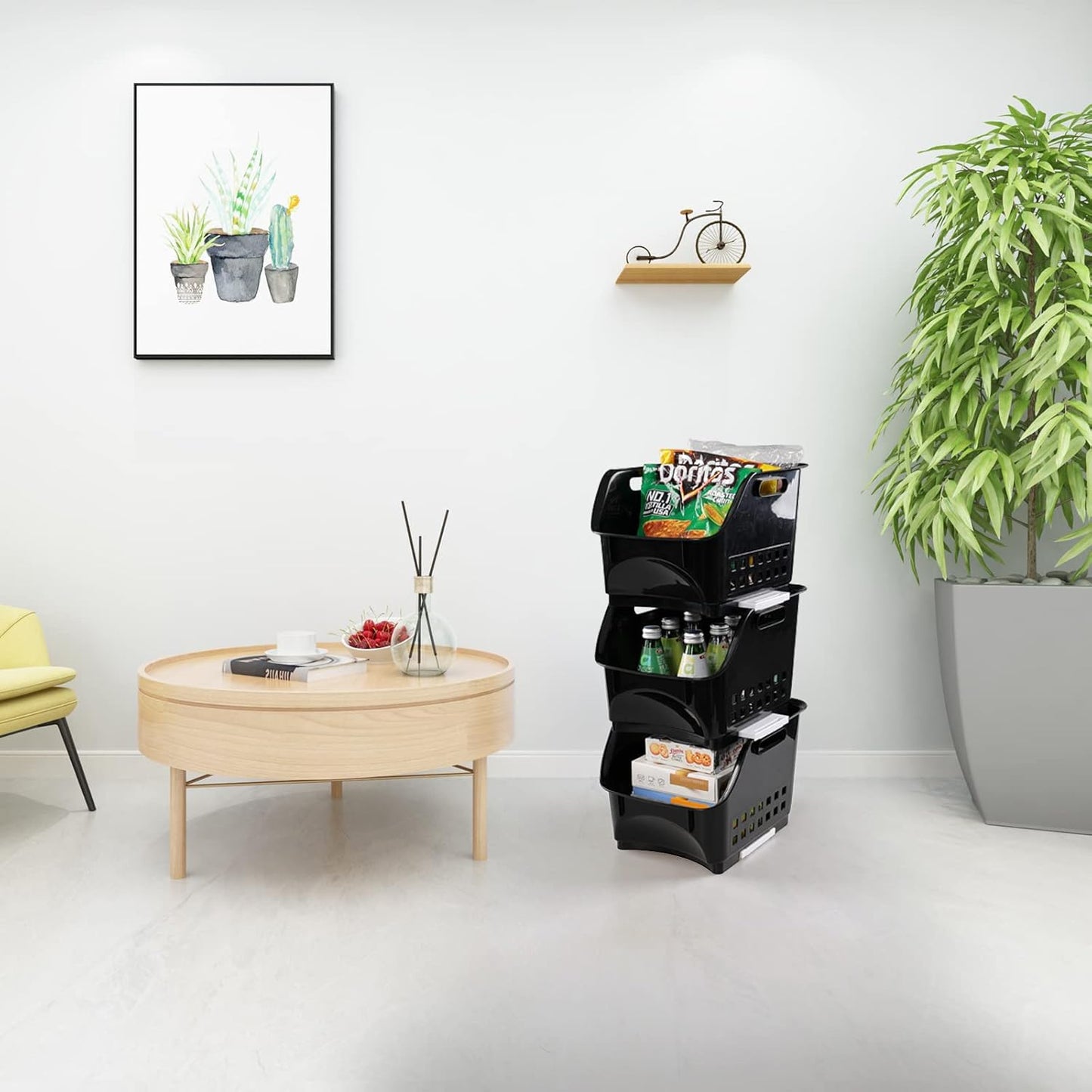 3-Pack Plastic Stacking Bins, Stackable Storage Basket, Black