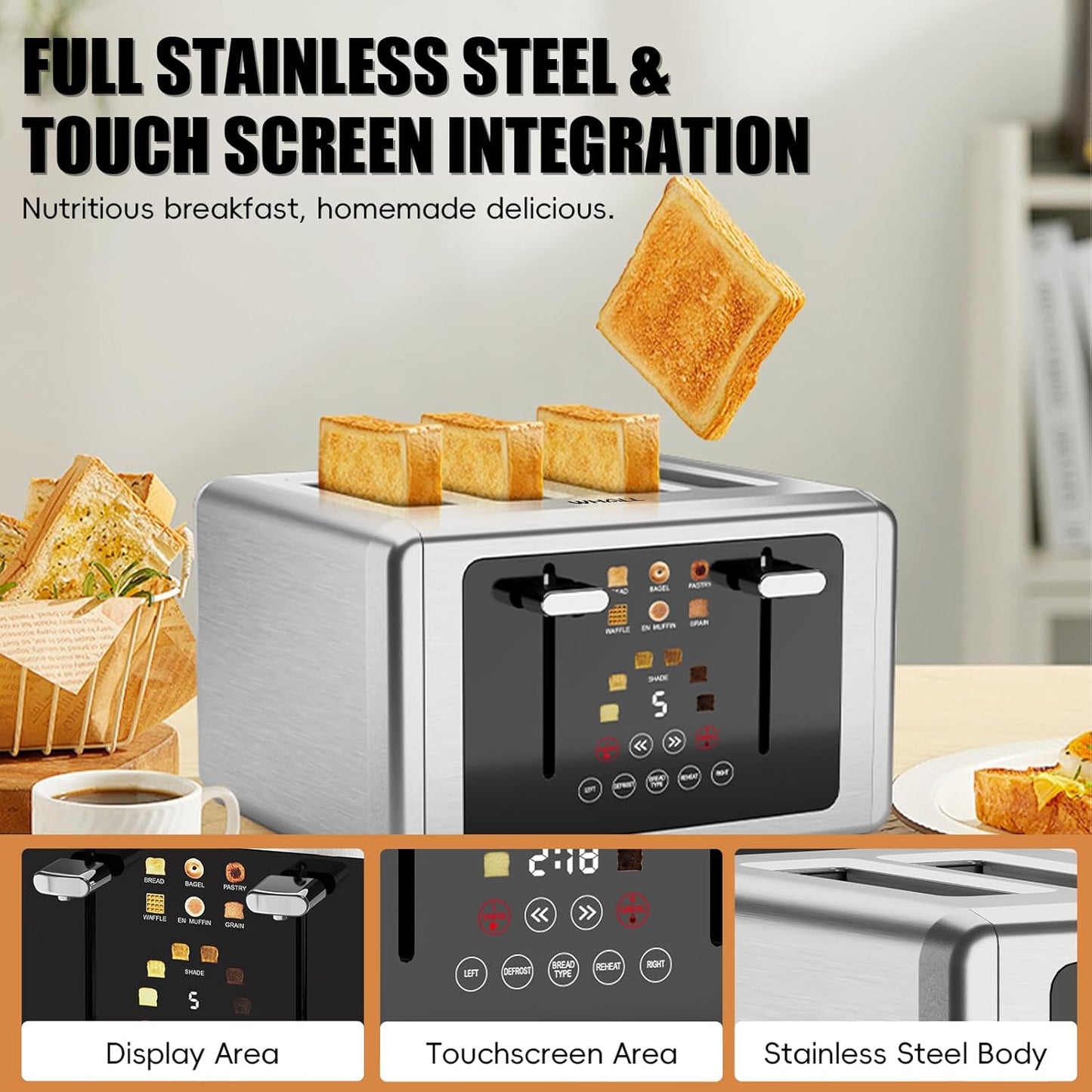 whall 4 Slice Touch Screen Toaster, Stainless Steel Toasters Digital Timer, Dual Control Panel Toasters,6 Shade Settings&6 Bread Types, Smart Wide Slots, Bagel, Cancel, Defrost,Silver