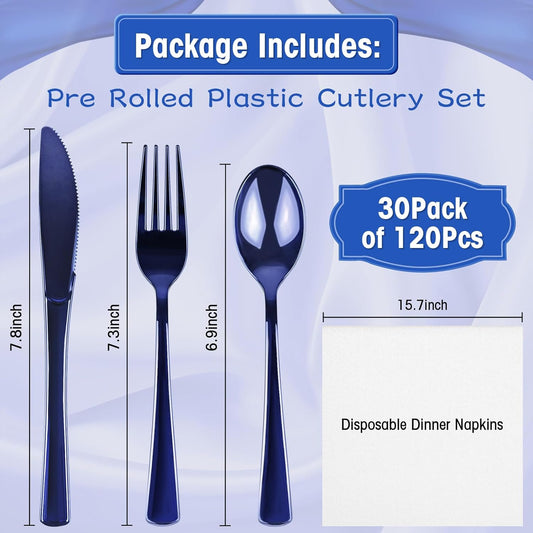 30Pack Blue Pre Rolled Plastic Silverware - Wrapped Blue Disposable Cutlery with Napkins, Heavy Duty Rolled Plastic Silverware Set, Disposable Utensils with Dinner Napkins for Party