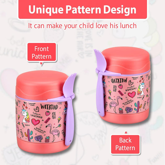 10oz Soup Thermo for Hot Food Kids,Lunch Thermo Kids Food Jar with Spoon Hot Insulated Food Containers,Leak Proof Stainless Steel Wide Mouth Lunch Food Thermo Jar for School(Pink-Flamingo)