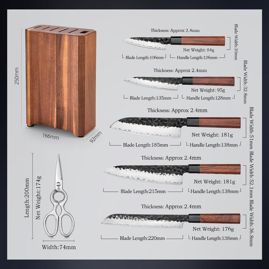 HEZHEN Knife Blocks Kitchen Knife Set, Chef Couteaux Set Kitchen Knives, Japanese Style Santoku Knife, Kitchen Scissors Acacia Wood Knife Block