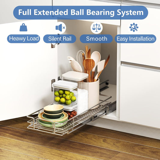 ROOMTEC Pull Out Cabinet Organizer, Cabinet Pull Out Shelves 7½" W x 21½" D, Heavy Duty Cabinet Drawers Slide Out Kitchen Cabinet Organizers Storage Shelf