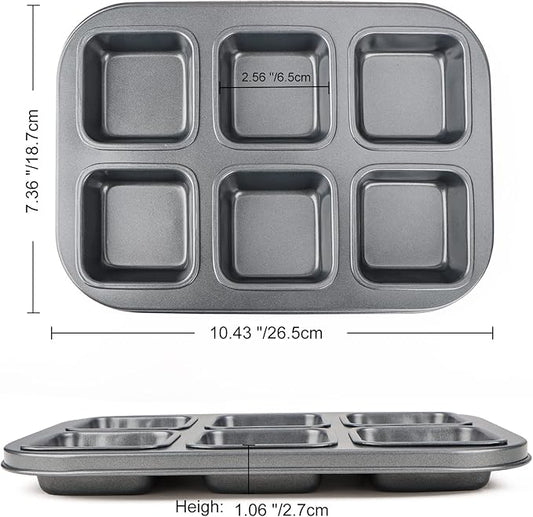 Beasea Square Brownie Pan, Nonstick 6 Cavity Muffin Pan Brownie Cake Pan Mini Cheesecake Cupcake Bakeware Carbon Steel Brownie Baking Tray Bakeware for Oven Baking