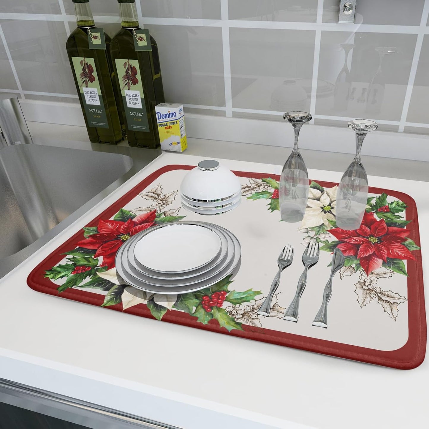 Christmas Dish Drying Mats for Kitchen Counter 18×24 Inch Red White Poinsettia Christmas Flower Large Microfiber Drying Mat Kitchen Accessories Dish Rack Mat Drainer Pad Washable Absorbent