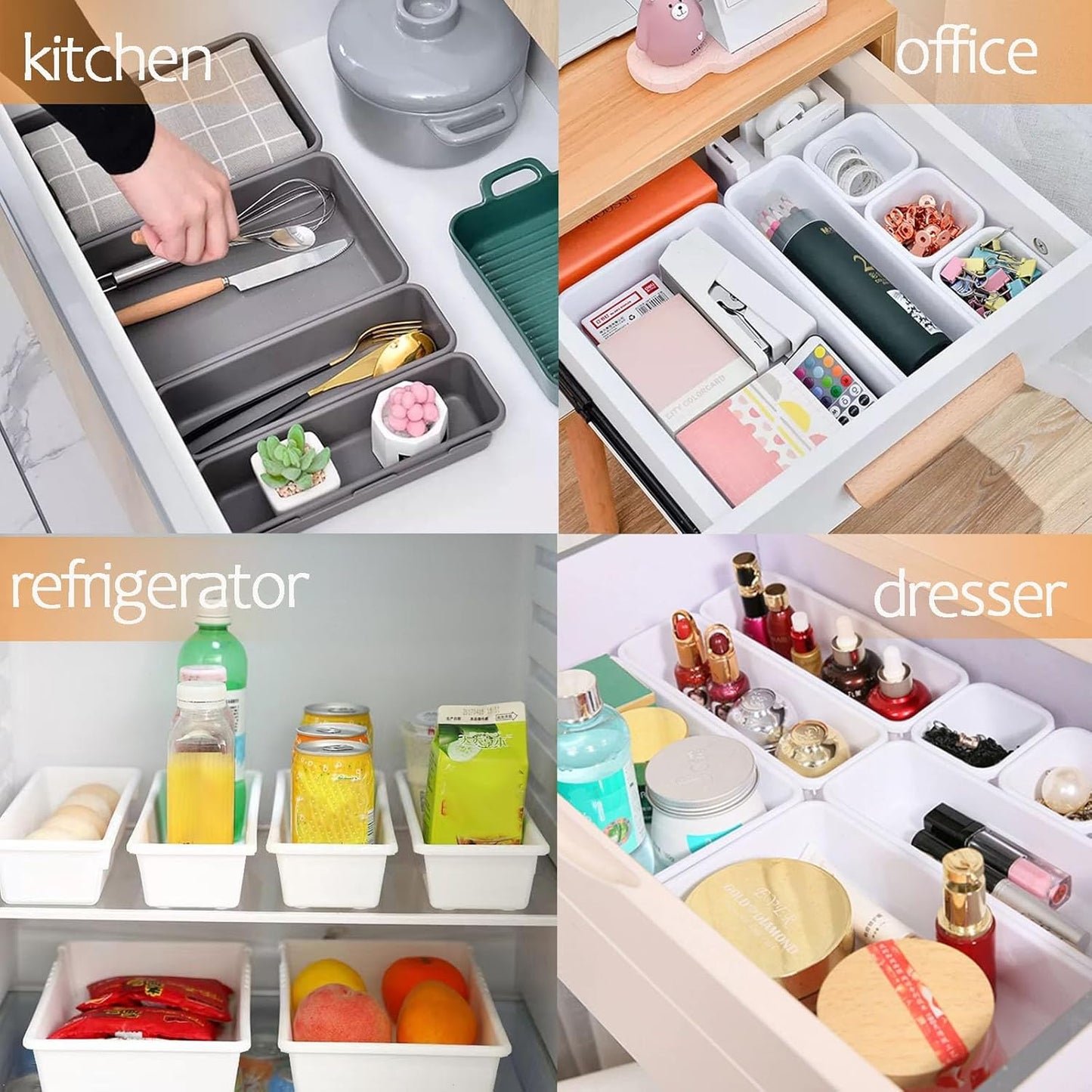 8 Pcs Desk Drawer Organizers, 3 Size Plastic Vanity and Bathroom Drawer Organizer Trays, Storage Bins for Makeup, Utensils, Jewelries, Office and Kitchen (Pink)