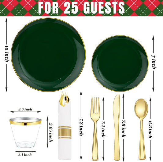 KIRE 175PCS Green Plastic Plates with Gold Rim - Heavy Duty Green Plates Disposable Include 50 Christmas Plastic Plate, 25Pre Rolled Napkins 25 Cups For Christmas/Party