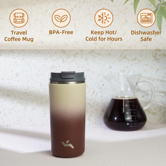 Tumbler with Lid, 12 oz Travel Coffee Mug Double Wall Vacuum Stainless Steel Thermal Metal Cup Insulated Water Bottle,Latte