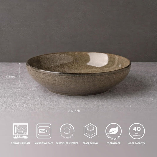 famiware Tempus Pasta Bowls Set of 4, 40 oz Bowls for Kitchen, Stoneware Deep Serving Bowls, Dishwasher & Microwave Safe Bowls for Cereal, Salad, Soup, Dessert etc - Dark Olive