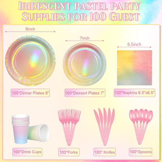 Iridescent Pastel Rainbow Party Decorations Serve 100, Holographic Pastel Paper Plates and Napkins, Disposable Iridescent Rainbow Party Plates Cups Napkins for Girls Birthday Wedding Baby Shower Party