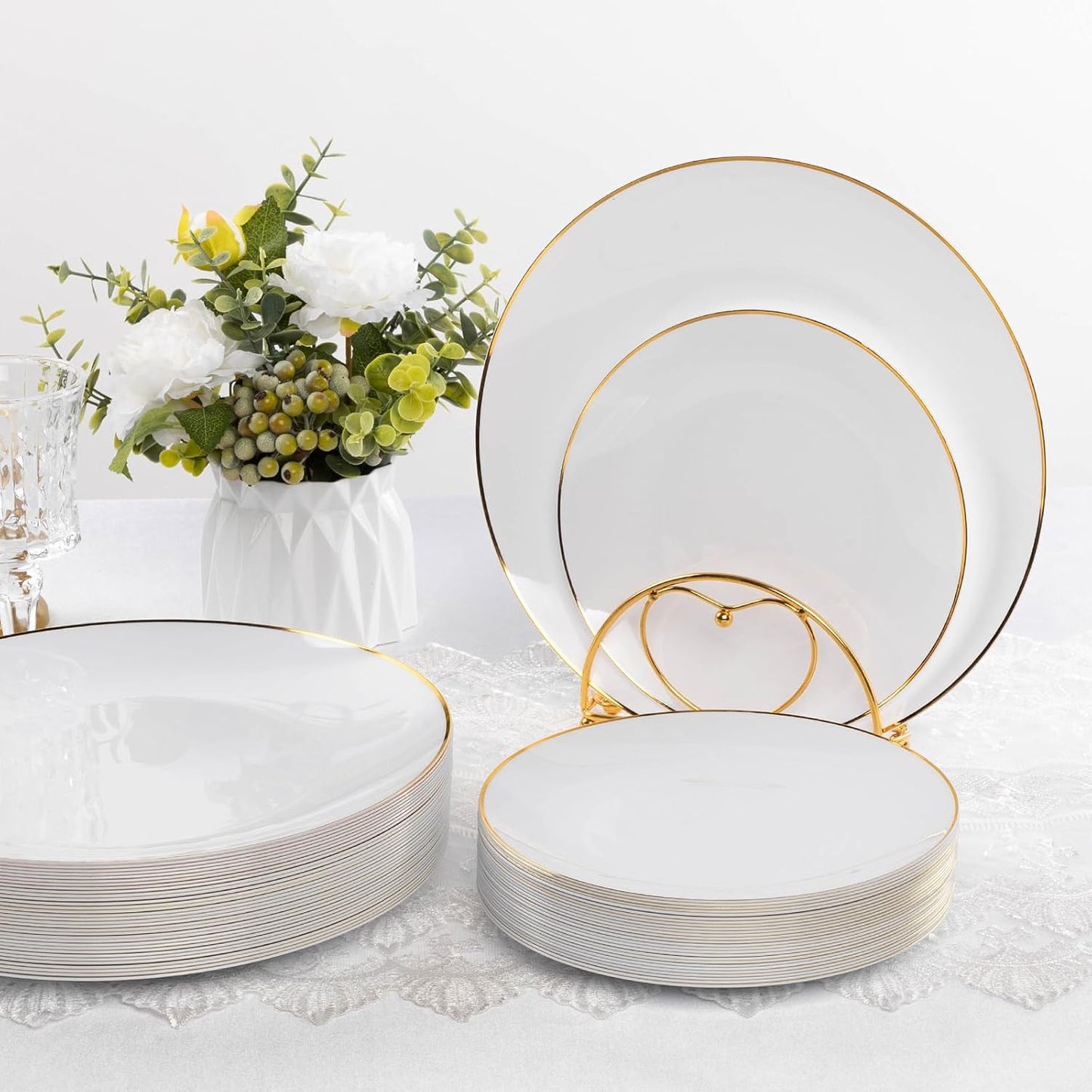 100PCS White Plastic Plates with Gold Rim, White Gold Disposable Plates for Party, Wedding, Include 50 Dinner Plates, 50 Dessert Plates for 50 Guests