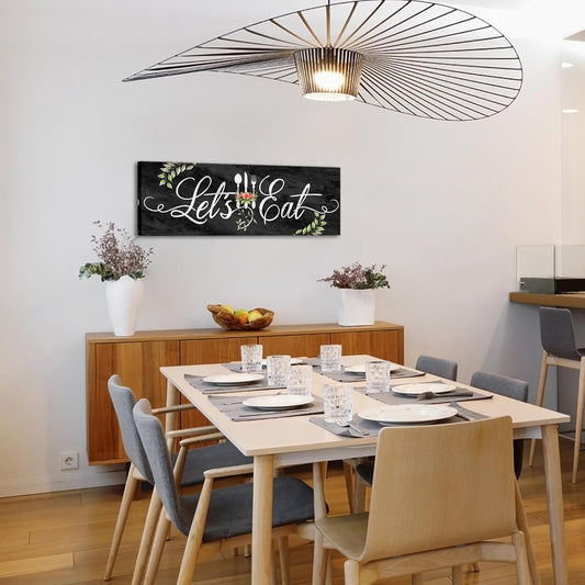 KREATIVE ARTS Farmhouse Kitchen Wall Art - Let's Eat Sign Poster - Black Marble Canvas Prints - Ready to Hang 12x36'' Painting for Dining Room and Kitchen Decor