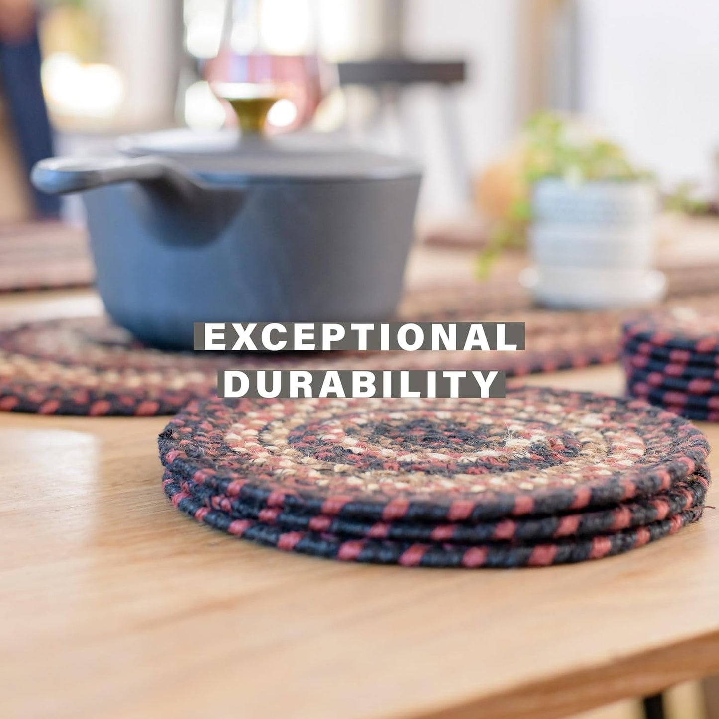 Homespice Prescott Jute Woven Placemats, Country Primitive Decor, Set of 4, Black and Red 13x19 Rectangle Table Mats - Vibrant Colors, Durable, Easy to Clean and Protects Furniture