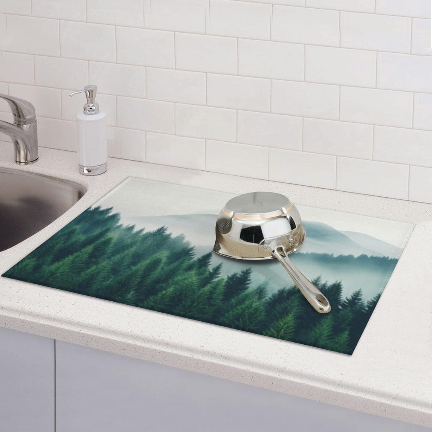 Forest Trees Mountain Dish Drying Mat 18x24 Inch, Microfiber Absorbent Fast Dry Mat Large Dish Mat Drying Kitchen Mat, Kitchen Drying Pad for Kitchen Counter Coffee Bar Decor Gifts