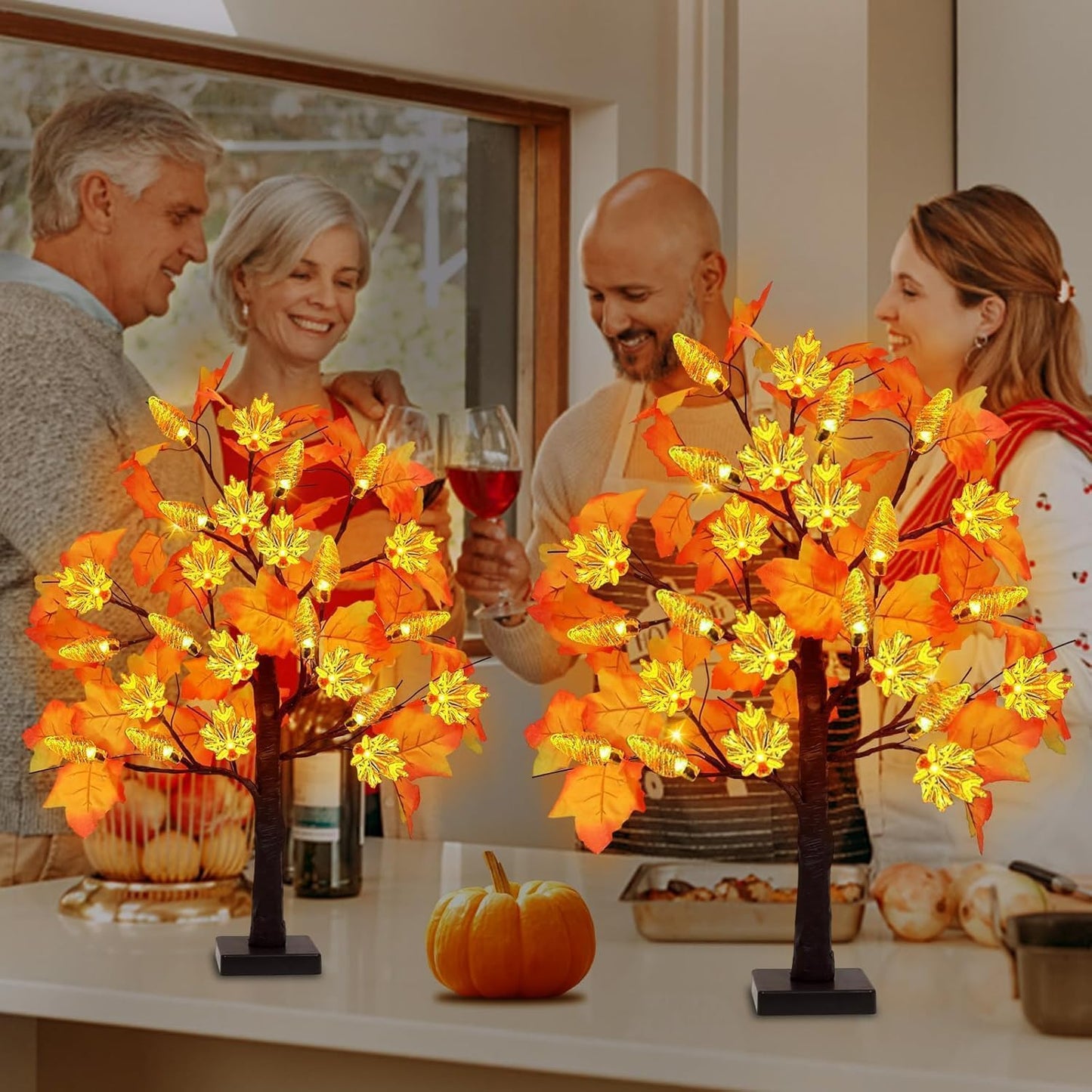 2 Pack 24 Inch Prelit Fall Maple Tree Decorations with 48 LEDs Timer Fall Battery Operated Lighted Artificial Pumpkin Light Up Maple Tree for Thanksgiving Harvest Table Home Indoor Decor
