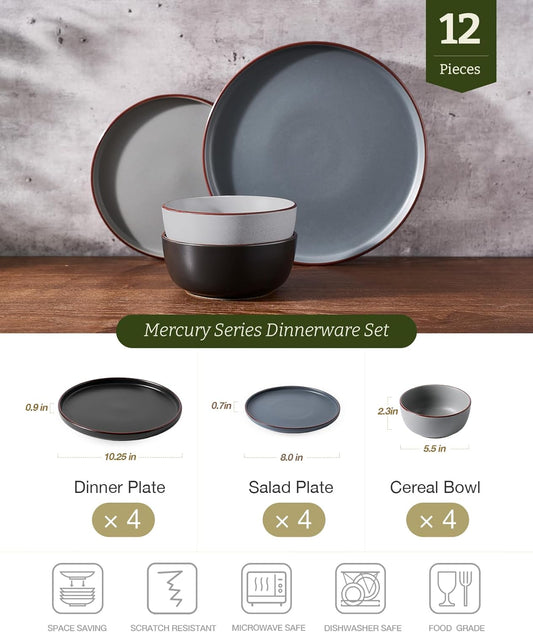 Famiware Mercury Plates and Bowls Sets, 12 Pieces Stoneware Dinnerware Sets, Dishes Set for 4, Microwave and Dishwasher Safe, Multi-color