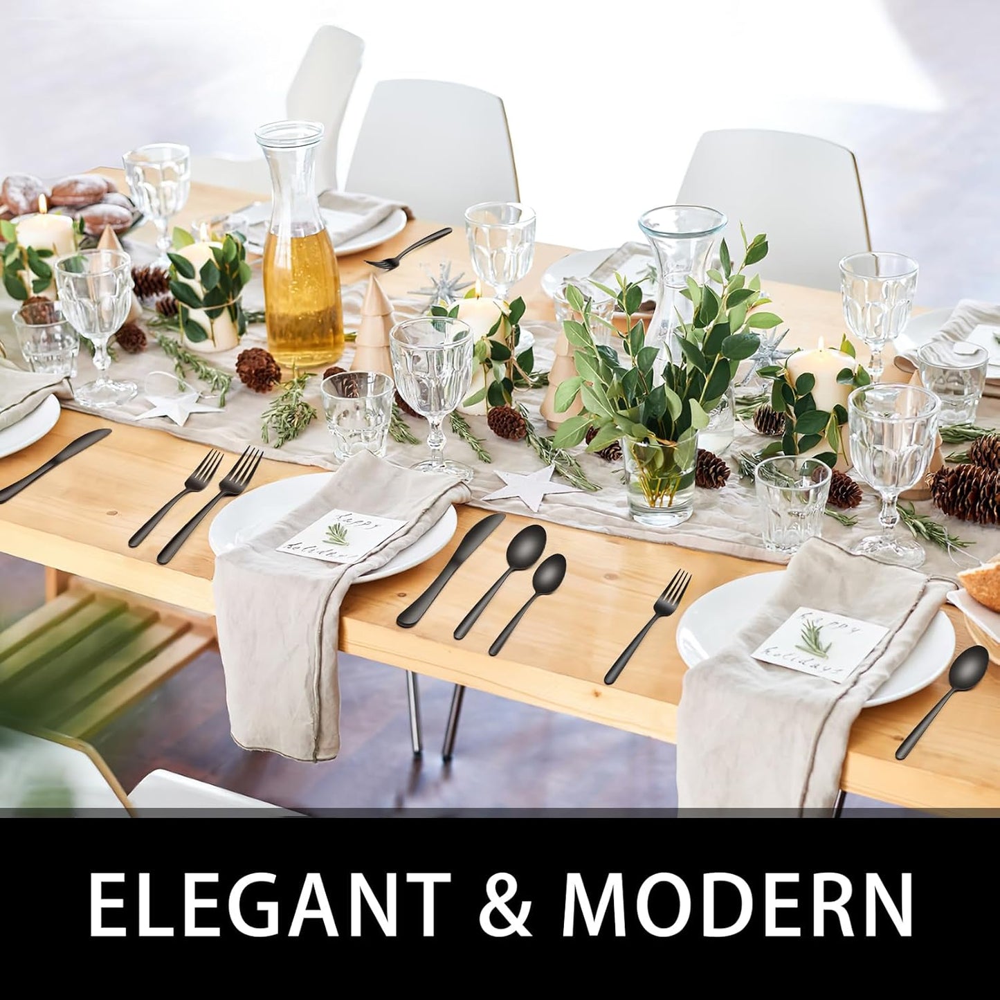 49-Piece Black Silverware Set with Organizer, Heavy Duty Stainless Steel Black Flatware for 8, Cutlery Utensil Sets with Steak Knives, Rust-proof, Mirror Polished, Dishwasher Safe