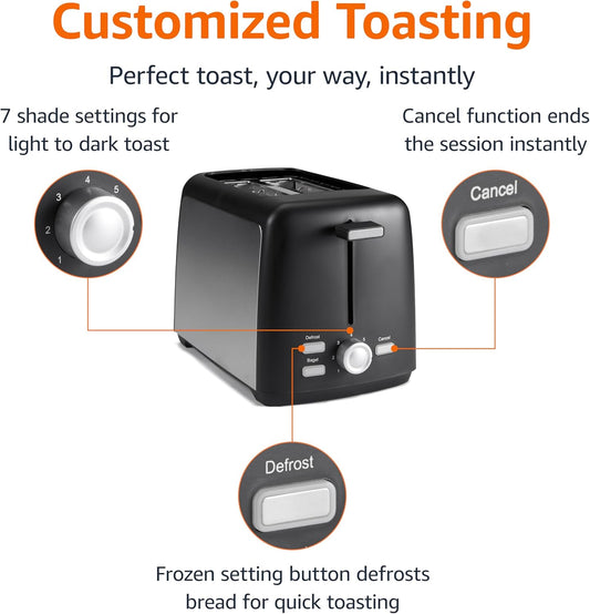 Amazon Basics 2 Slice Toaster, With 7 Browning Settings, Extra Wide Slots For Bagels and Special Breads, Removable Easy-to-Clean Crumb Trays, Cancel/Defrost/Bagel Buttons, 800W, Black & Silver