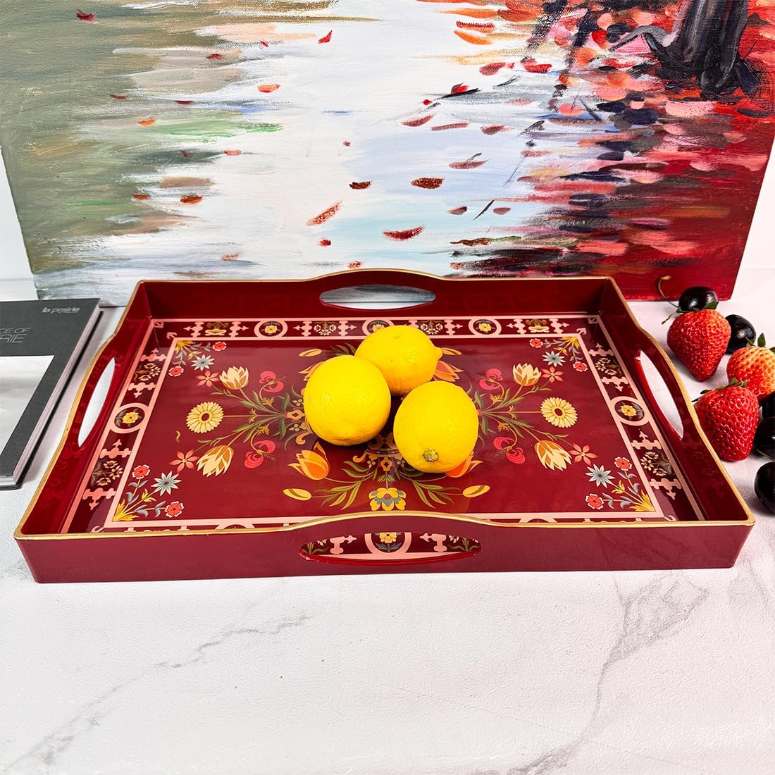 Boho Red Decorative Tray, Serving Tray with 4 Handles, Plastic Tray for Coffee Table, Ottoman - Ideal for Living Room & Bathroom. 15” x 11” x 1.9”