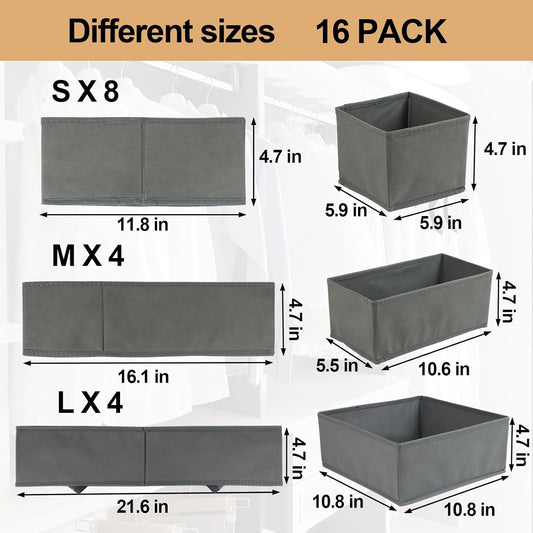 16 Pcs Drawer Organizer,Fabric Closet Organizer and Storage Baskets,Foldable Drawer Divider for Clothing,Sock,Ties,Underwear Drawer Organizers,Cabinet Storage Boxes (Gray)