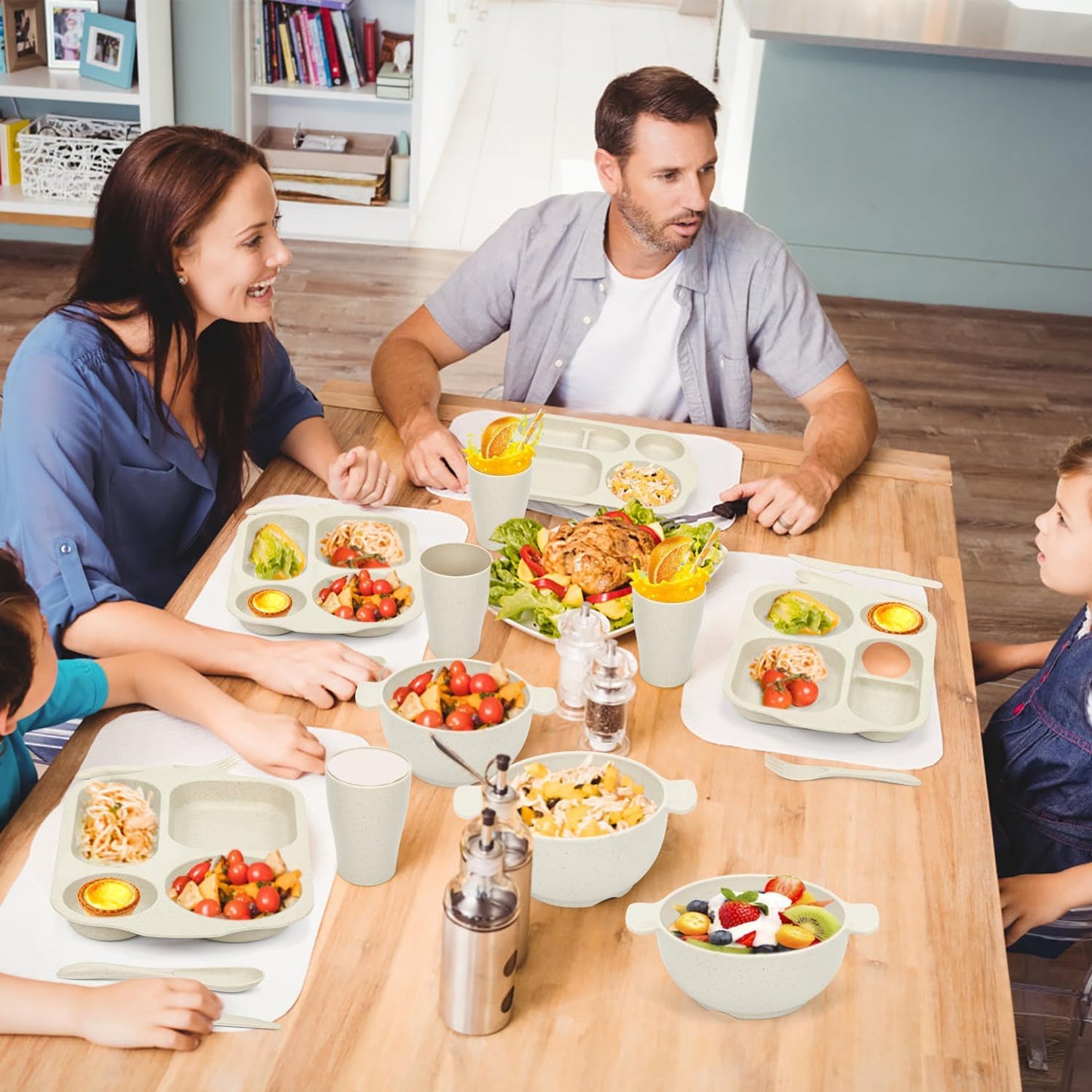 24 PCS Wheat Straw Dinnerware Set for Kids Toddler Plate Bowl Cup Set Unbreakable BPA-Free Tableware with Divided Plate Microwave Dishwasher Safe Perfect for Home School Picnics