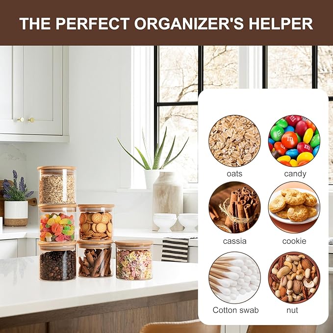 Glass Food Storage Jars 6-Pack - 4x4 in-Clear Glass Food Canisters with Bamboo Lid Airtight For Serving Tea, Coffee, Flour, Sugar, Candy, Cookie, Spice and More (Circular)