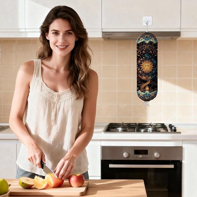 Plastic Bag Holder Dispenser, Plastic Grocery Bag Organizer & Wall Mount Paper Trash Bags Saver Storage for Kitchen Home Pantry Decor, Sun Kitchen Decor