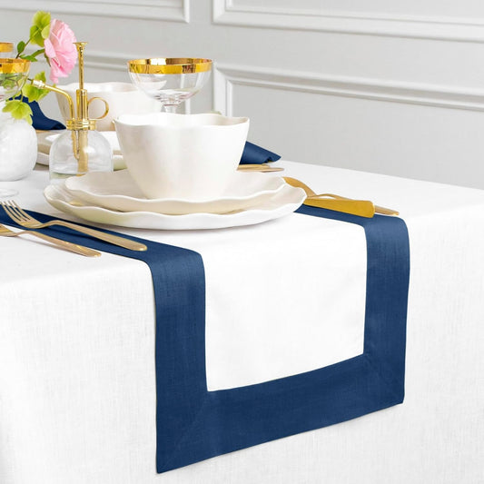 Solino Home Linen Table Runner 108 Inches Long - Indigo Blue and White 100% Pure Linen 14 x 108 Inch Table Runner for Dining, Fall, Autumn, Thanksgiving - Contempo