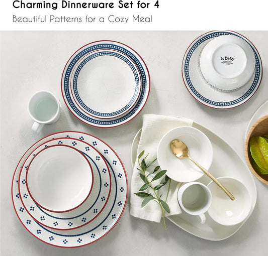 12-Piece Stoneware Dinnerware Set for 4, Geometric Vintage Plates & Bowls, Scratch-resistant Dishwasher & Microwave Safe Dishware, Modern Tableware Service for Everyday Use or Entertaining