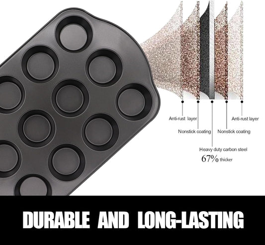 12+24 Muffin Pan Set (2 Pack) - Nonstick Cupcake Tins Dark Gray | Heavy Duty Carbon Steel, Rustproof, Oven Safe Baking Gift