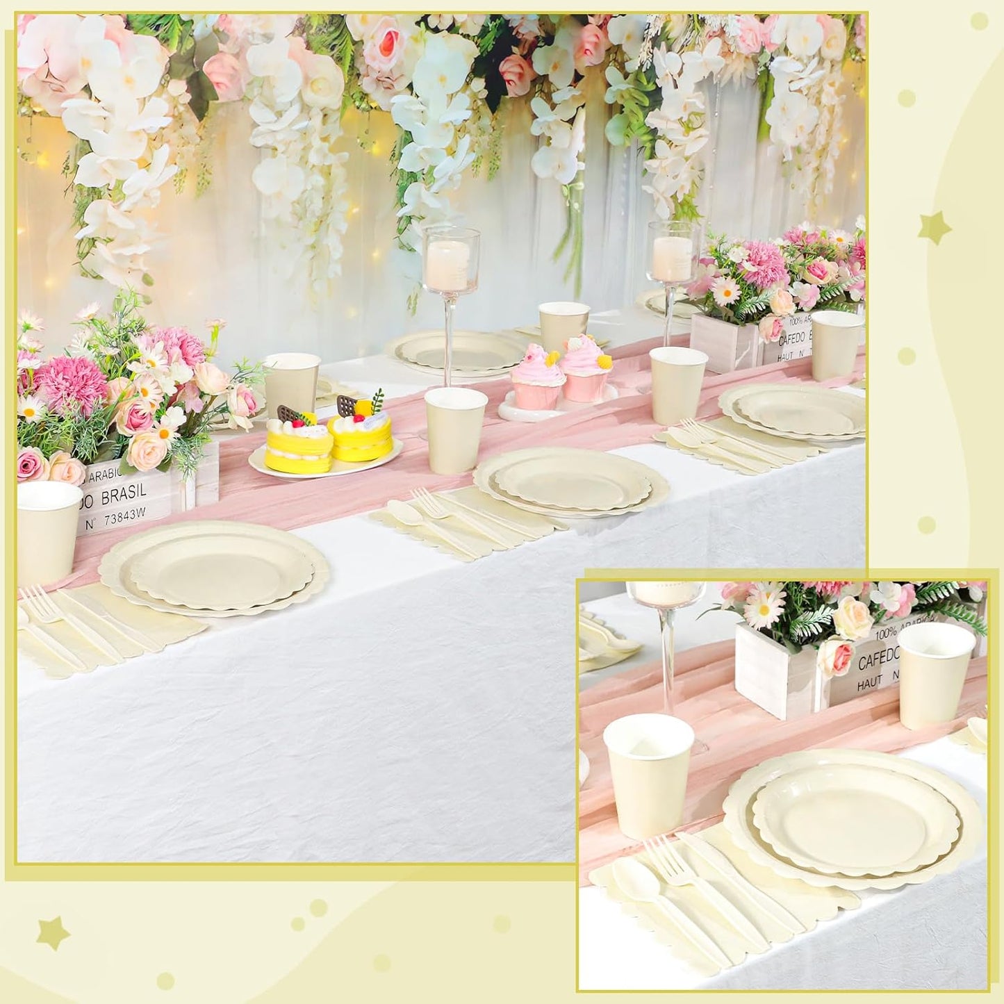 175 Pcs Ivory Plates and Napkins, Beige Party Supplies Include Scalloped Cream Paper Plates Napkins Cups Thanksgiving Plate Set for Birthday, Wedding, Bridal&Baby Shower