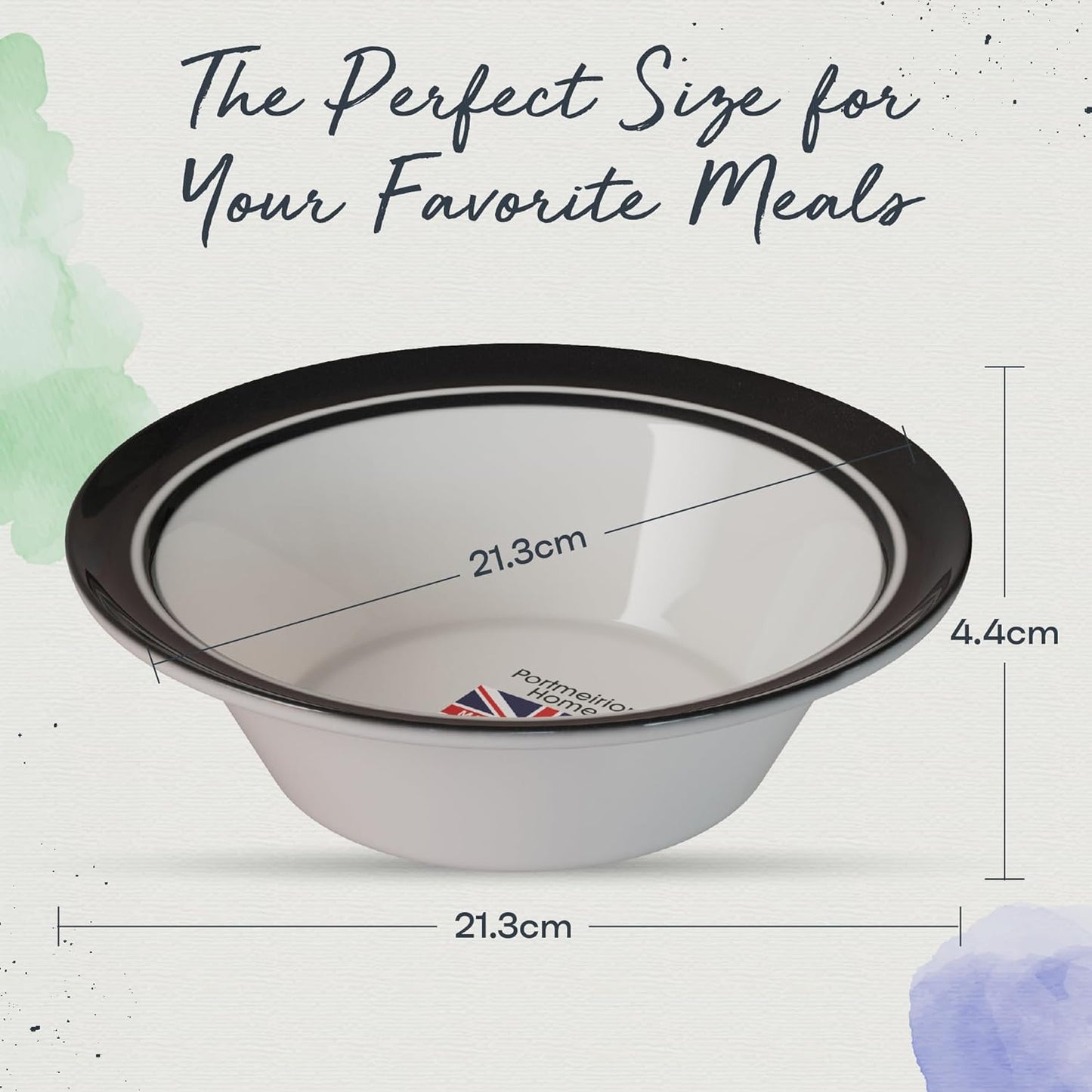 Portmeirion Potter's Stripe Oatmeal Bowls (Set of 4) - Elegant Earthenware for Breakfast, Lunch & Dessert - Microwave & Dishwasher Safe Bowls, Handcrafted Stackable Bowl Collection (Black Stripe)