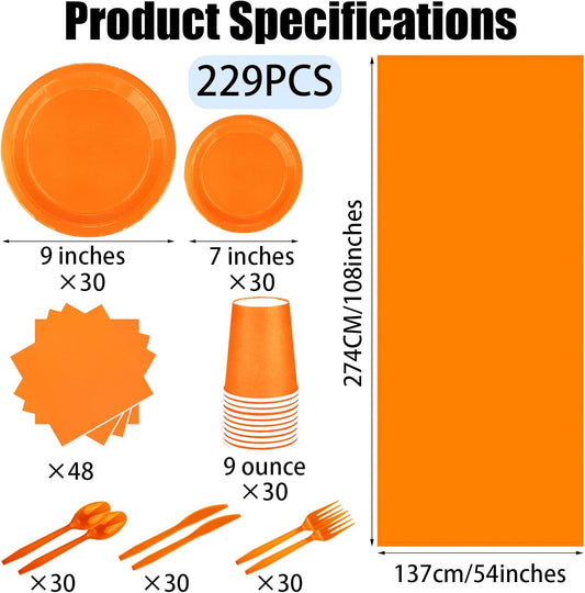 TWOWYHI 229PCS Orange Party Supplies Set Paper Disposable Plates Cups Plastic Spoons Forks Knives Orange Napkins for 30 Guests Disposable Party Dinnerware Sets for Wedding Birthday Parties