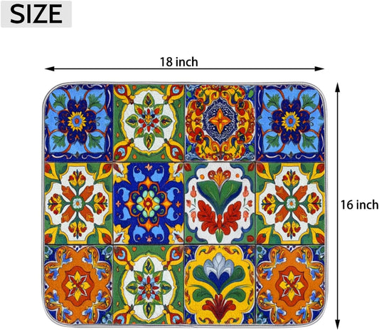 Dish Drying Mats for Kitchen - Super Absorbent Dish Dryer Mat for Countertops Microfiber Dishes Drainer Pad Hide Stain Draining Rack Mat Gadgets for Easy Clean Multi-Use 16"x18" (Mexican Tiles, S)
