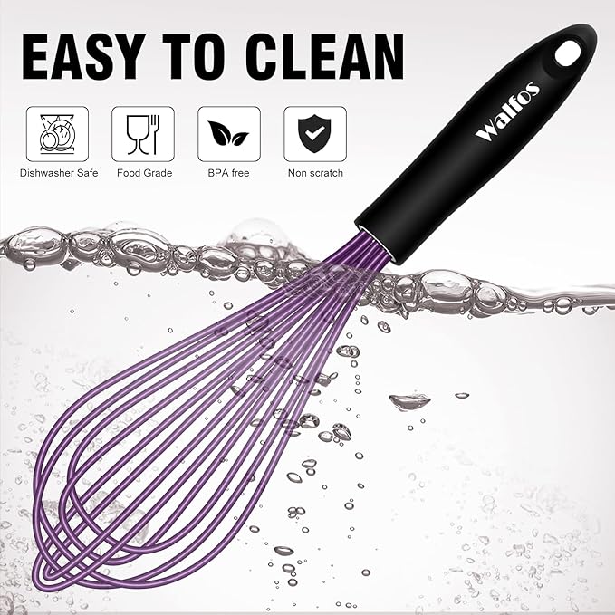Walfos Whisk, Silicone Whisks Set of 5, Mini Stainless Steel Whisk 7+5in & Non Scratch Coated 7+9+11in Whisks, Suitable for Blending, Whisking, Beating, Frothing & Stirring. (Purple)