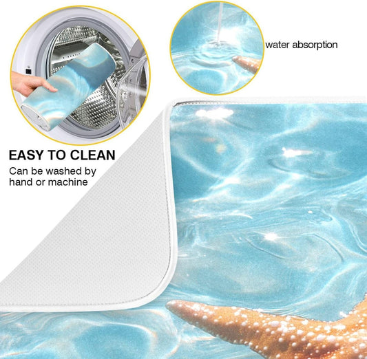 Starfish Floating Dish Drying Mat for Kitchen Counter Super Absorbent Dishes Pad Reversible Microfiber Protector Dish Draining Mats 16x18 inch