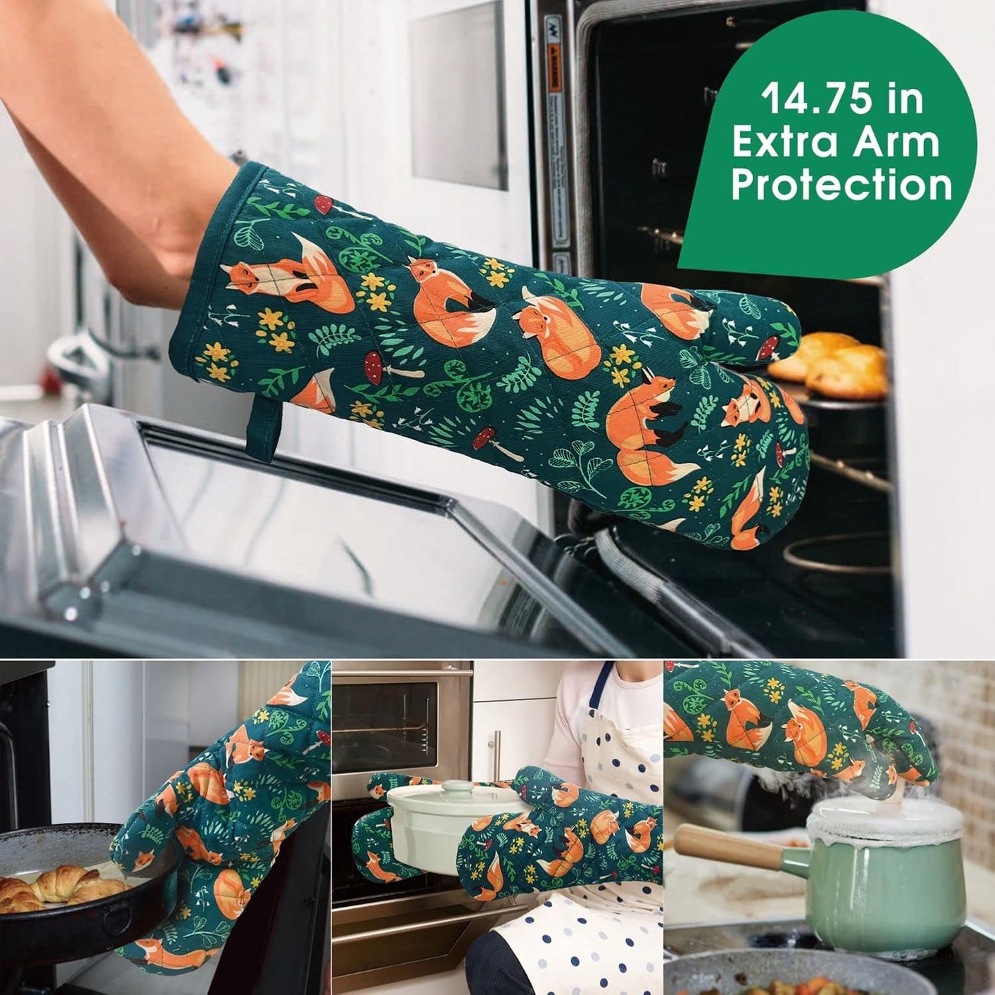 Oven Mitts Cotton Fashion Cute Fox Design 1 pair Heat Resistant Oven Gloves Safe Cooking Baking Grilling Barbecue Machine Washable (fox, oven mitts)