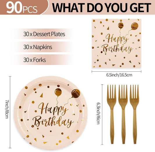 90PCS Happy Birthday Plates and Napkins Party Supplies, Disposable Pink Gold Dot Dessert Paper Plates Napkins with Forks Tableware Set Party Decorations for Girl Women Birthday Parties