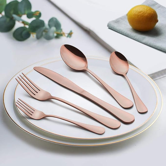 LIANYU Copper Silverware Flatware Set, 20 Piece Stainless Steel Cutlery Set for 4, Mirror Finish, Ideal for Home Hotel Wedding Festival Party, Dishwasher Safe