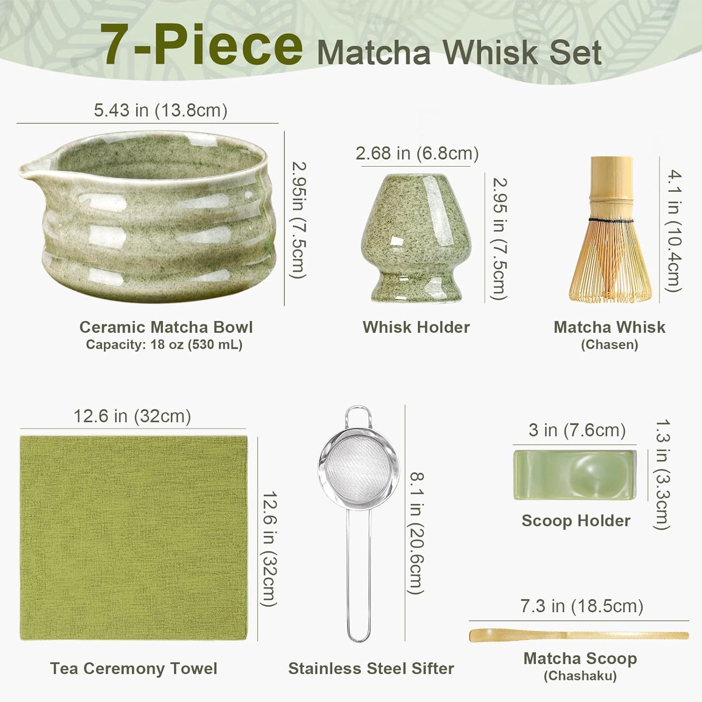 Matcha Whisk Set, 7Pcs Matcha Set - Matcha Bowl with Spout, Handcrafted Bamboo Whisk & Ceramic Holder, Steel Sifter, Towel, Matcha Kit for Tea Ceremony, Timeless Ideal Gift (Speckled green)