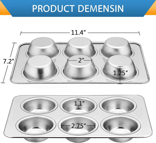 E-far Muffin Pan Set of 4, Stainless Steel Muffin Pan Tin for Baking, 6-Cup Metal Cupcake Pan Tray, Non-toxic & Healthy, Oven & Dishwasher Safe, Regular Size - 11.44 x 7.12 x 1.25 Inch